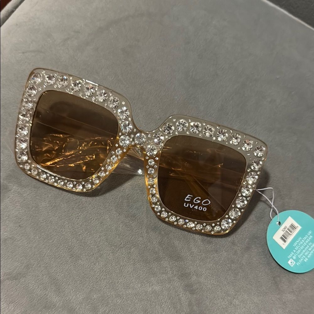 EGO Brown Glamorous Sunglasses with Crystal Details Large Rectangle Frame NWT